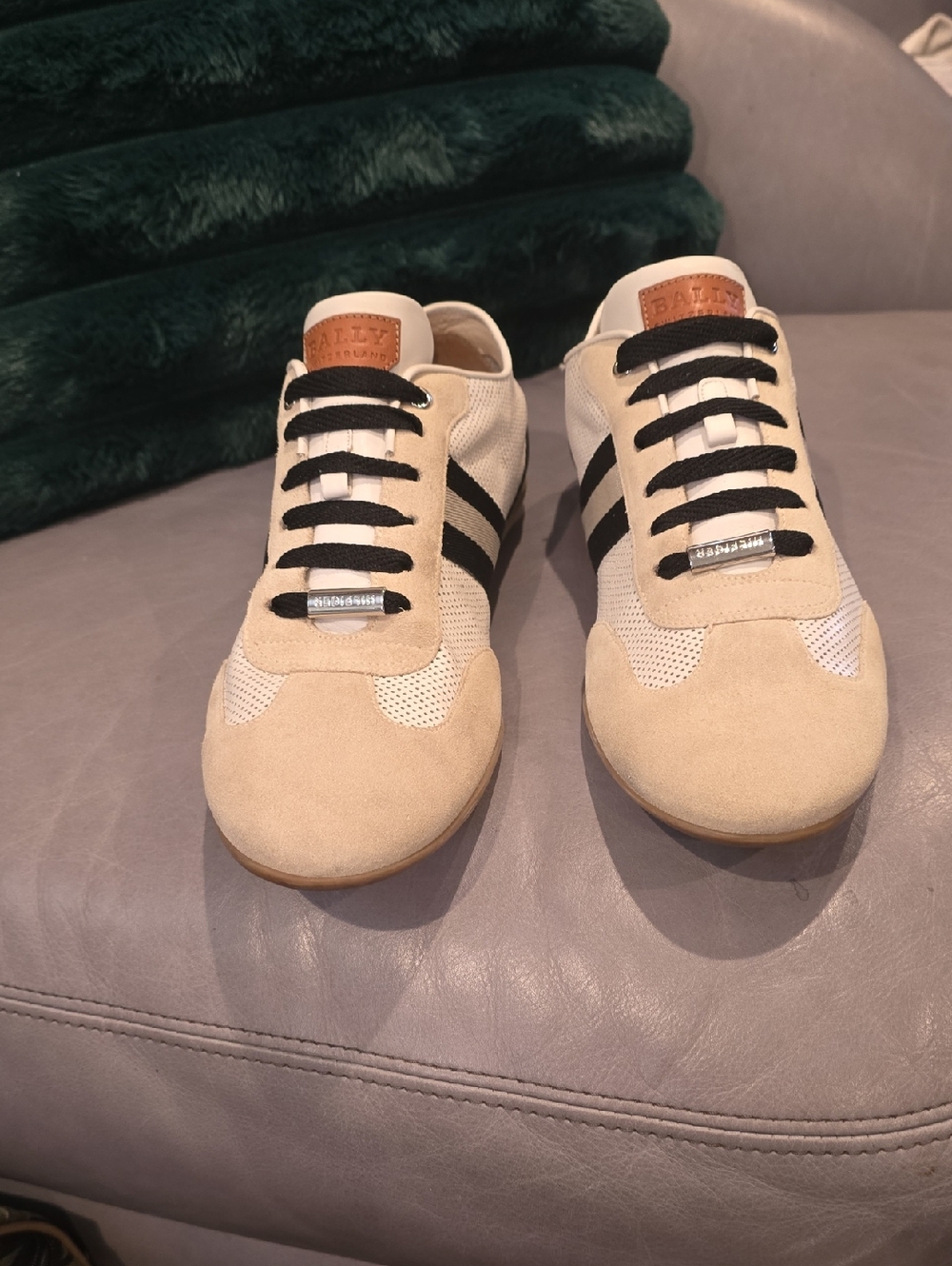Bally Beige and Black Men's Suede-Trim Sneakers with Leather Tongue Patch